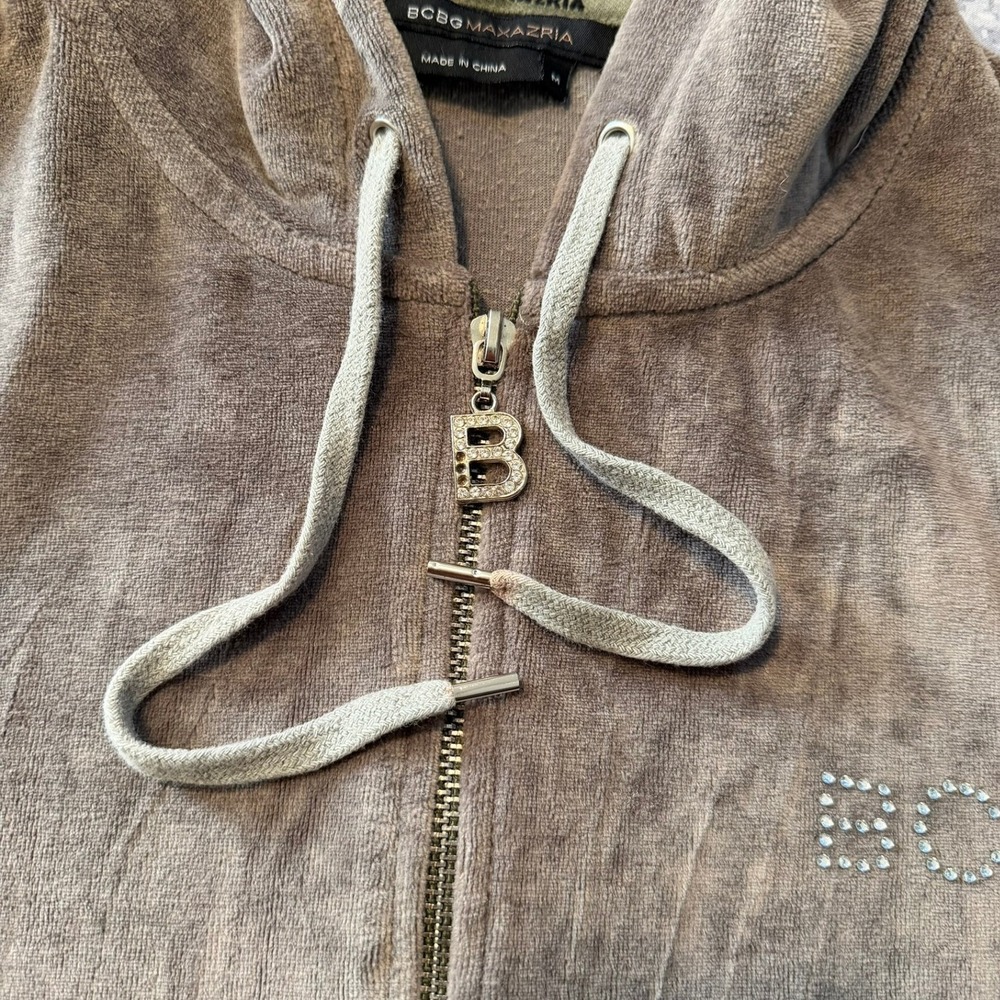 Y2K BCBG Max Azria Womens Velour Full Zip Hoodie Brown Rhinestone Logo Size M - Picture 6 of 6